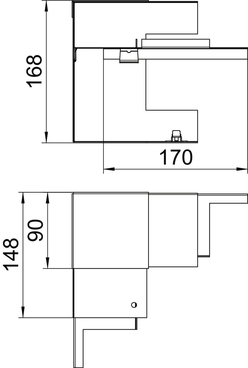 Rysunek techniczny konstrukcji kształtowej w formie litery L z wymiarami: 168 i 148 mm wysokości, 170 i 90 mm szerokości.