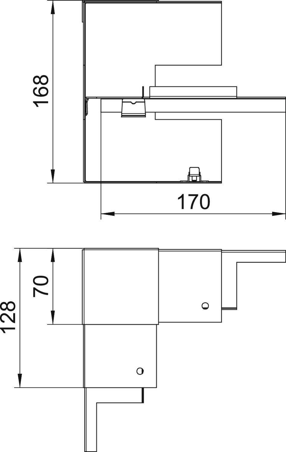 Rysunek techniczny profilu z podanymi wymiarami długości: 168, 170, 128 i 70 mm. Przedstawia widoki boczne pod kątem prostym.