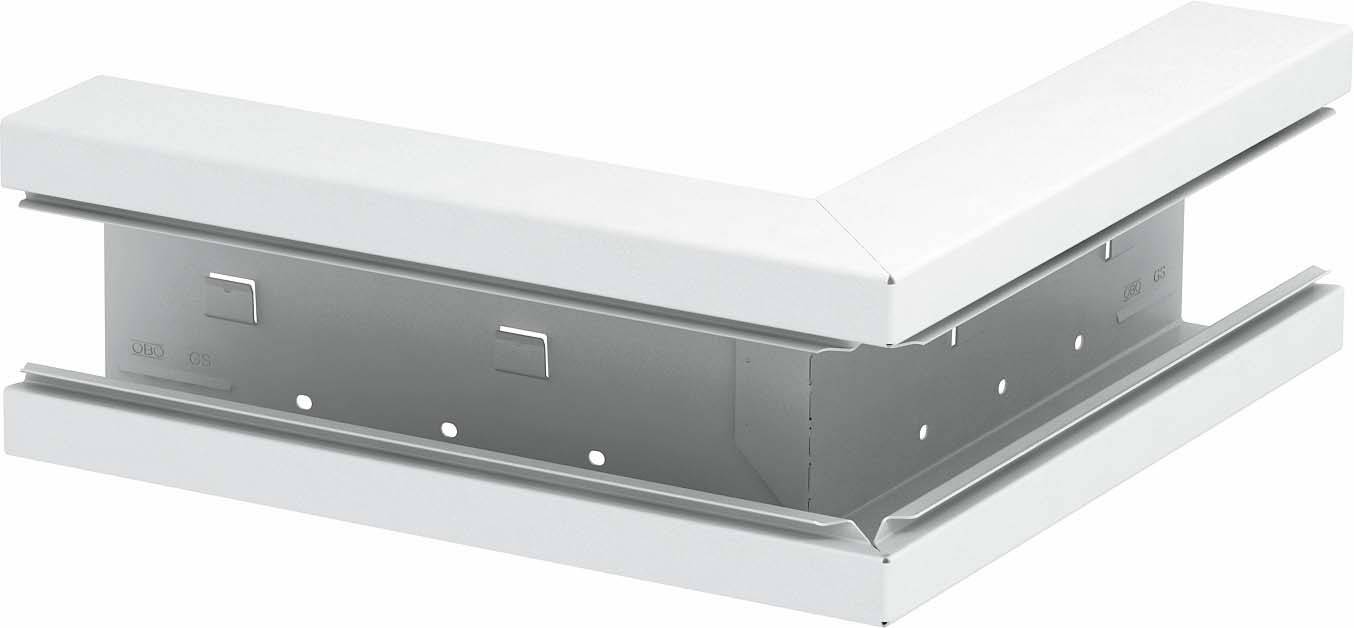 Metalowy kątownik do kanału kablowego w kolorze białym, o kształcie prostokątnym, służący do połączenia dwóch kanałów kablowych pod kątem 90 stopni.