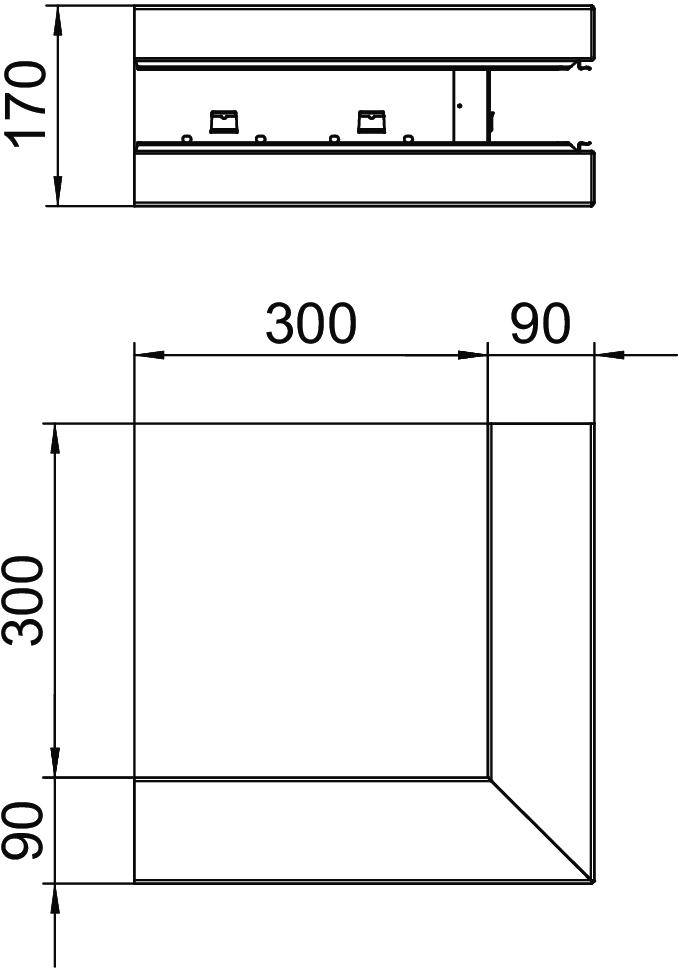 Rysunek techniczny kwadratowego pudełka. Widok z boku: wysokość 170 mm, szerokość 300 mm. Widok z góry: 300 x 300 mm, głębokość 90 mm.