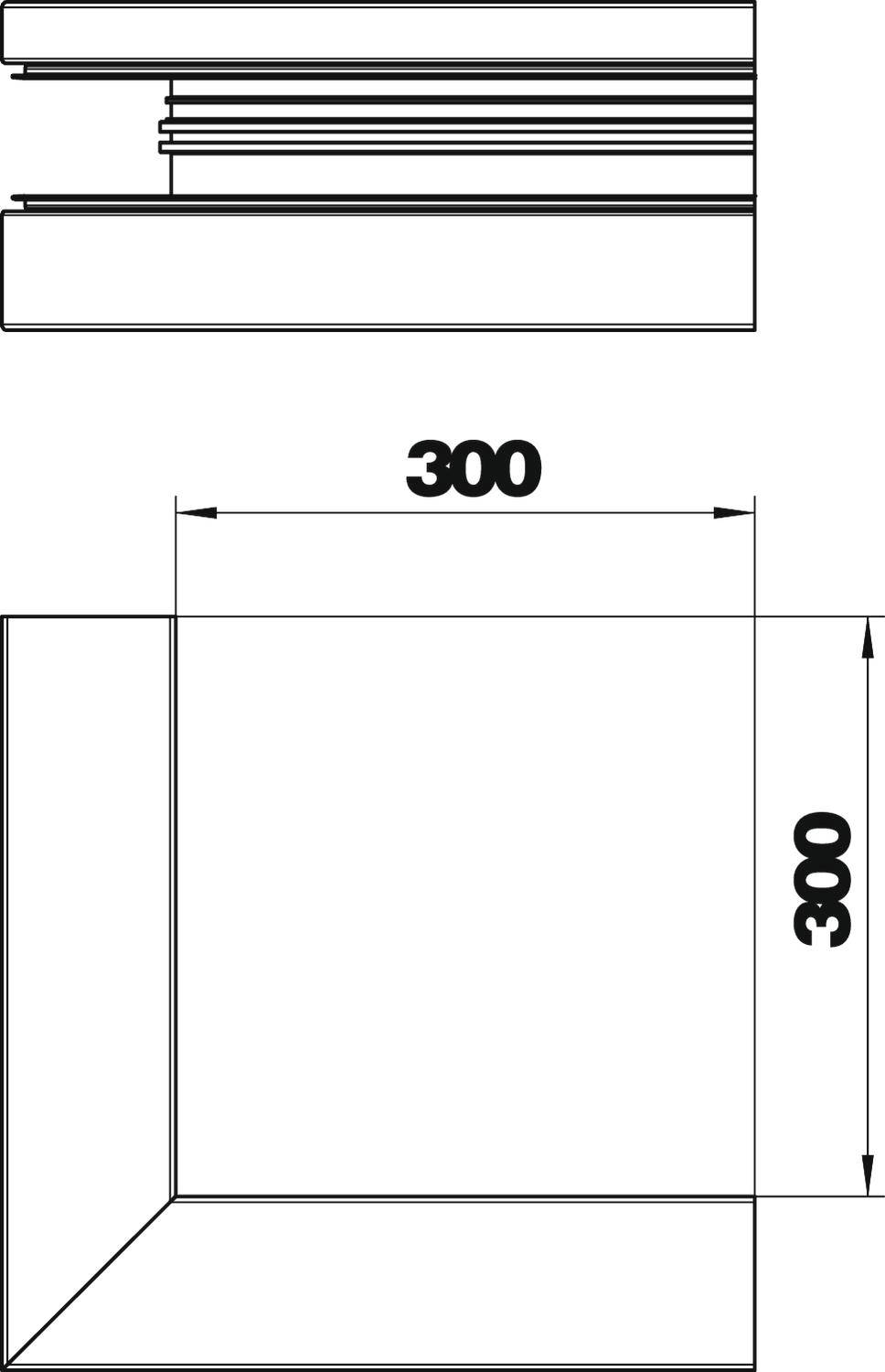 Rysunek techniczny obiektu kwadratowego o wymiarach 300x300 mm, przedstawiony z góry i z boku, ze szczegółami widocznymi na górnej powierzchni.