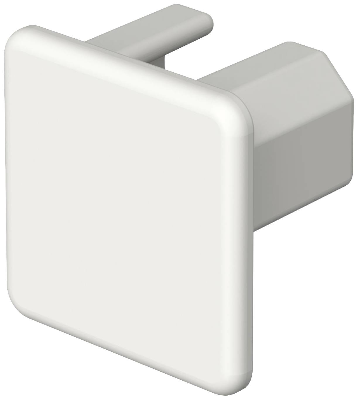 Biała, kwadratowa plastikowa zaślepka do gniazdek elektrycznych, wyposażona w dwa krótkie bolce, służąca do zabezpieczania nieużywanych kontaktów w gospodarstwach domowych.
