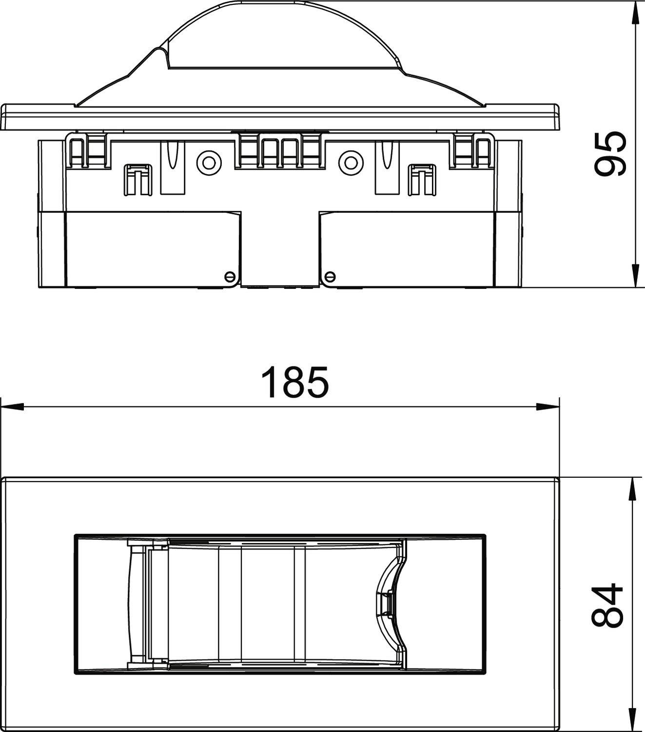 Rysunek techniczny prostokątnego urządzenia o wymiarach 185 mm x 95 mm x 84 mm. Na górze element wysklepiony, poniżej szczegóły konstrukcyjne.