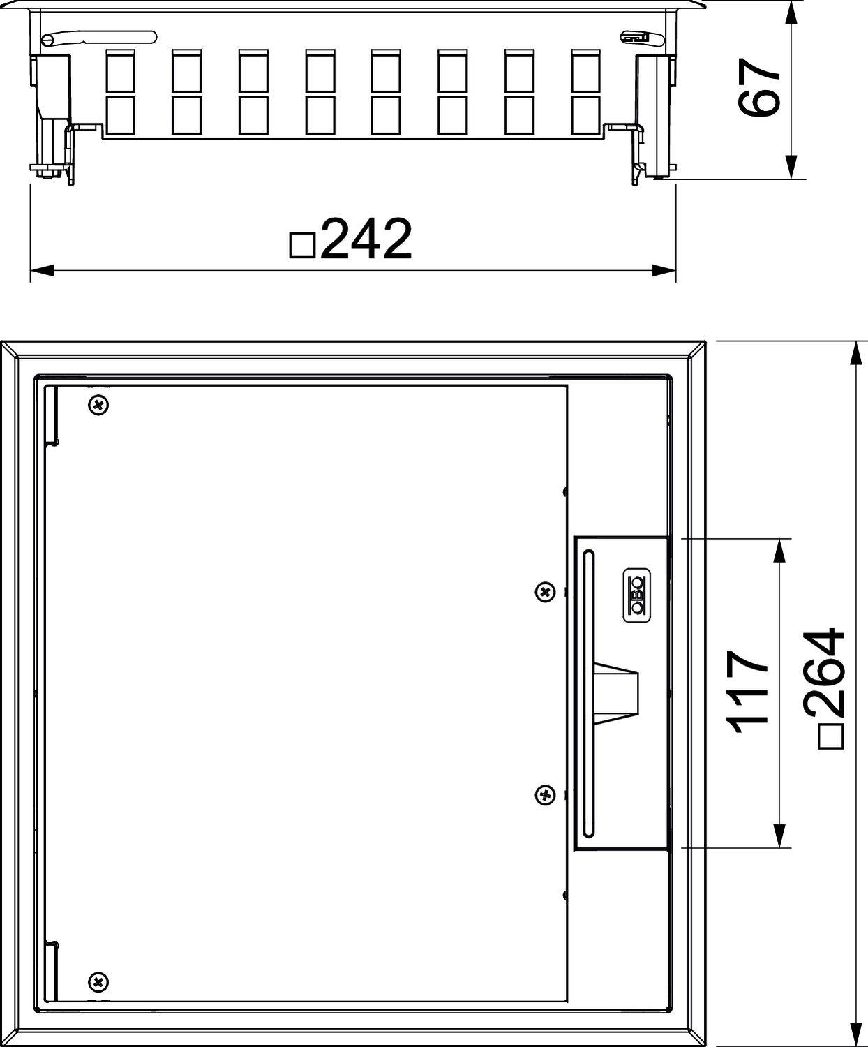 Rysunek techniczny prostokątnego urządzenia z wymiarami: szerokość 242 mm, wysokość 67 mm i 264 mm. Przedstawia złącza i punkty mocowania.