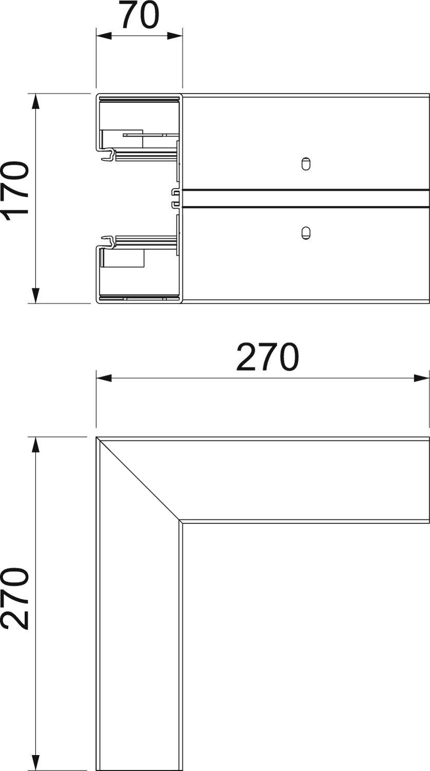 Rysunek techniczny połączenia narożnego z profili aluminiowych. Widok z boku na górze, widok z góry na dole. Wymiary: 70x170, 270x270 mm.