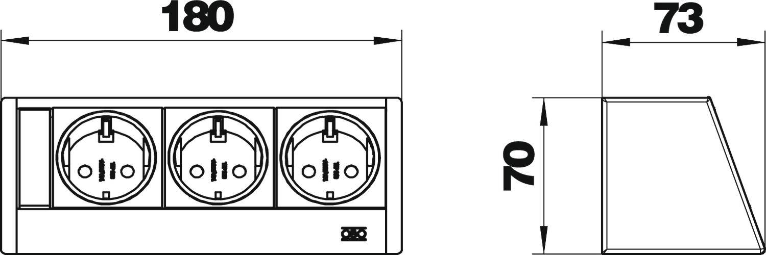Rysunek techniczny potrójnej listwy zasilającej o wymiarach: szerokość 180 mm, wysokość 70 mm, głębokość 73 mm.