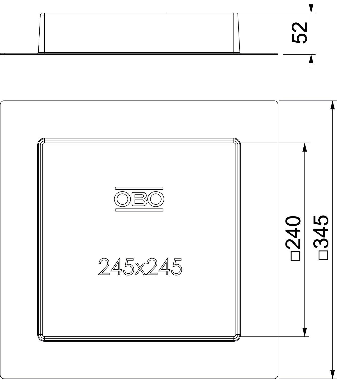Rysunek techniczny elementu kwadratowego o wymiarach 245x245 mm, wysokość 52 mm. Nadruk firmowy 'OBO'.
