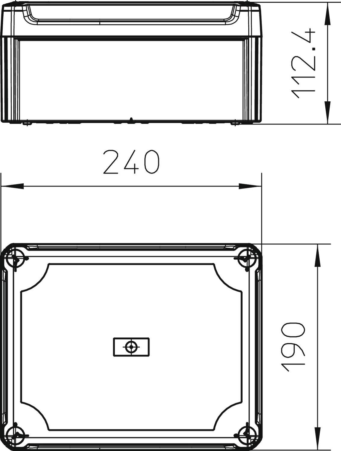 Rysunek techniczny obudowy prostokątnej o wymiarach 240 mm x 190 mm x 112,4 mm. Przedstawiono widok z góry oraz widoki boczne.