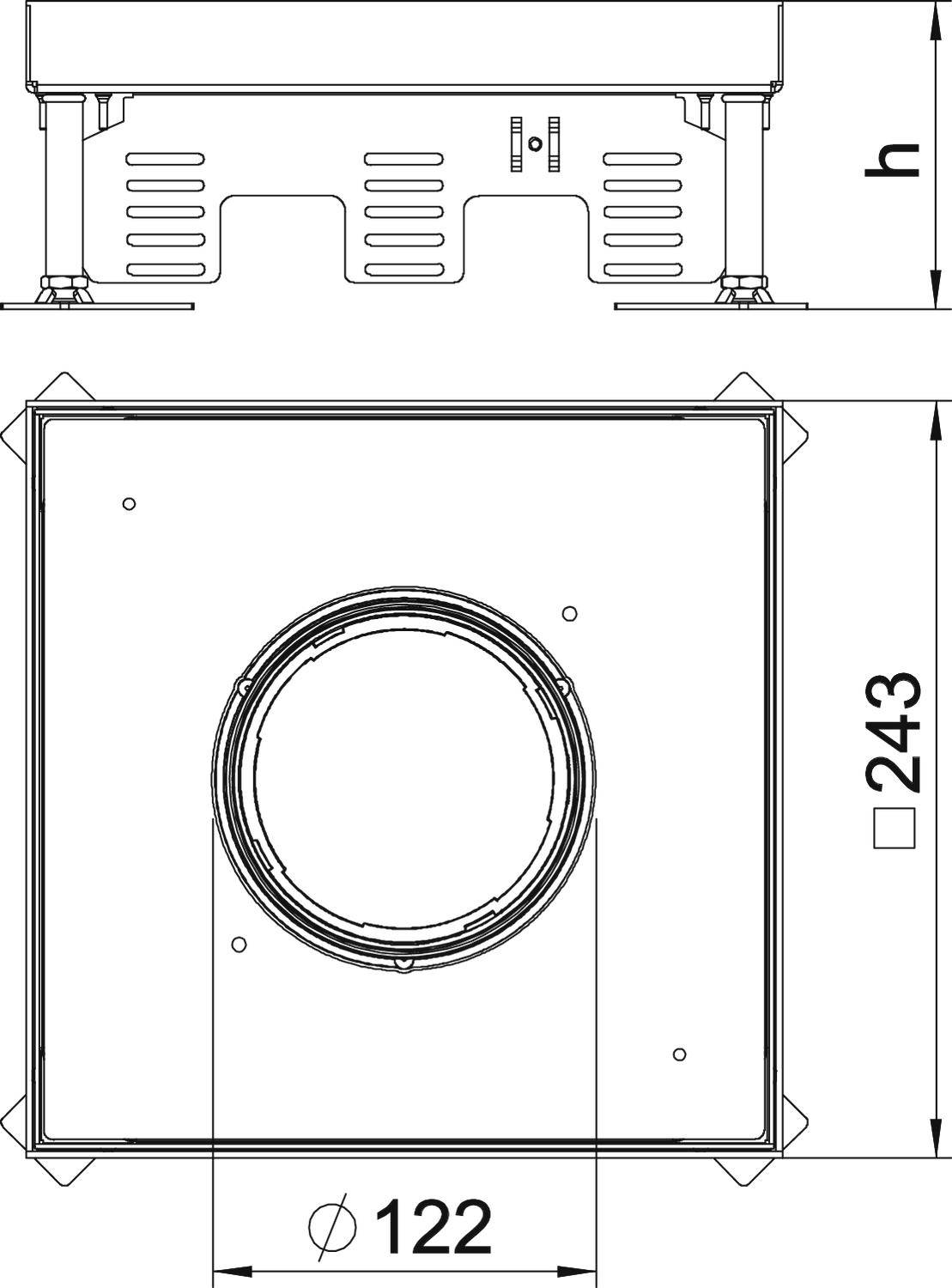 Rysunek techniczny kwadratowej obudowy wentylacyjnej, widok z góry i z boku. Wymiary: wysokość (h), szerokość 243 mm, średnica 122 mm.