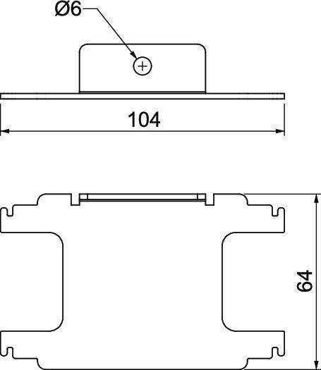 Rysunek techniczny prostokątnego elementu z wymiarami: szerokość 104 mm, wysokość 64 mm, otwór o średnicy 6 mm umieszczony centralnie od góry.