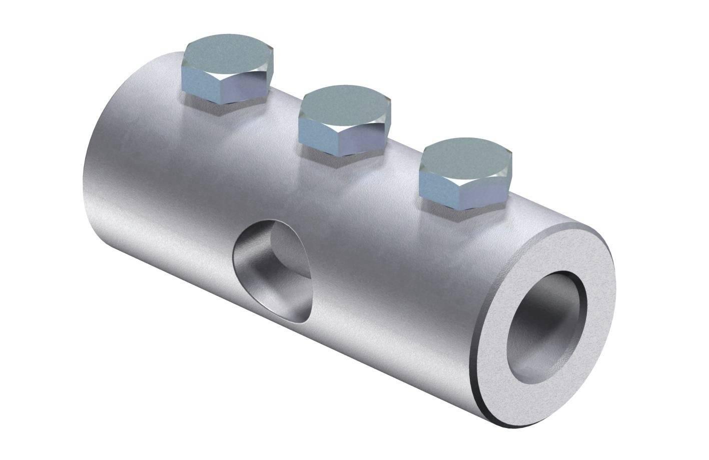 Cylindryczny element metalowy z trzema nakrętkami sześciokątnymi na górnej powierzchni oraz otworem z boku.