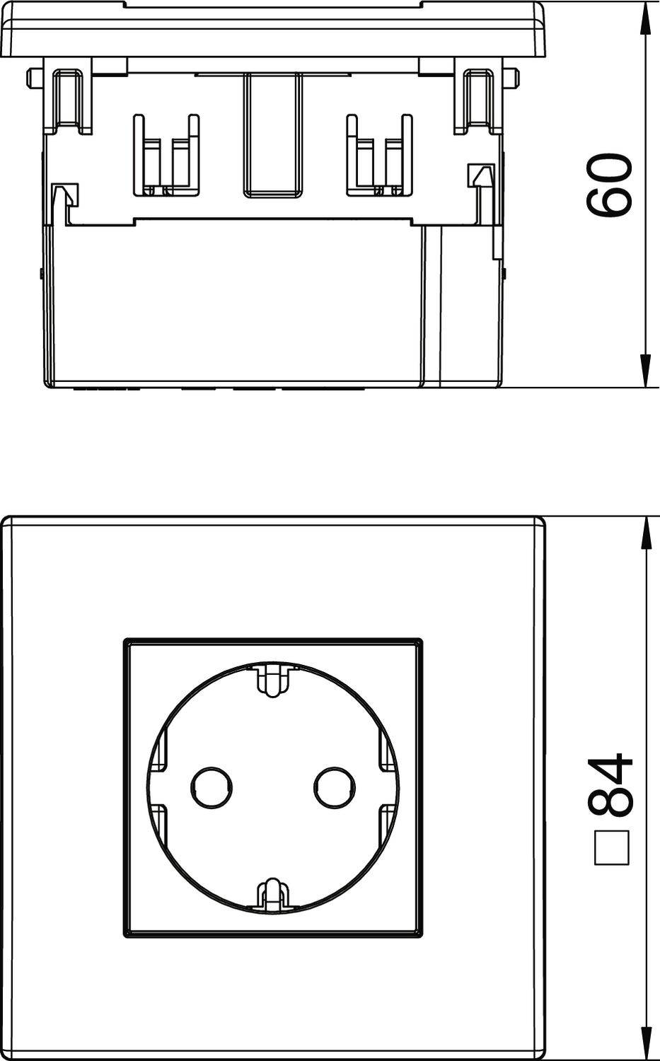 Rysunek techniczny przedstawia gniazdko elektryczne z wymiarami: szerokość 84 mm, wysokość 60 mm. Zamieszczone są widoki z góry i z boku.