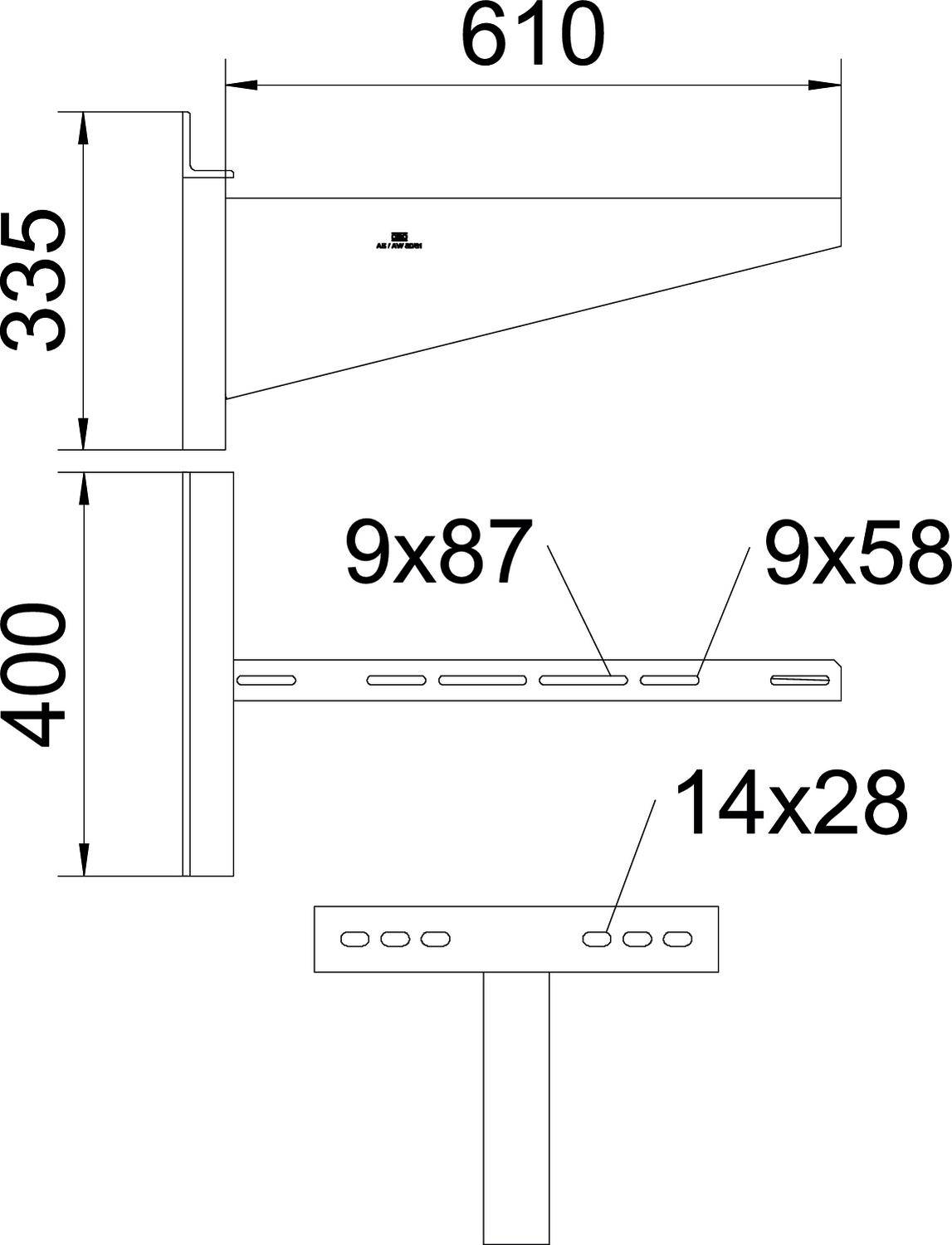 Rysunek techniczny półki ściennej z wymiarami: szerokość całkowita 610 mm, wysokość całkowita 400 mm, występ boczny 335 mm, otwory 9x87, 9x58 oraz 14x28.