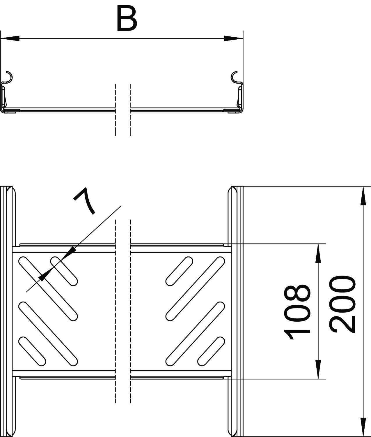 Diagram strukturalnego elementu z wymiarami. Góra: szerokość oznaczona jako 'B'. Dół: wysokość 108 mm, całkowita szerokość 200 mm.