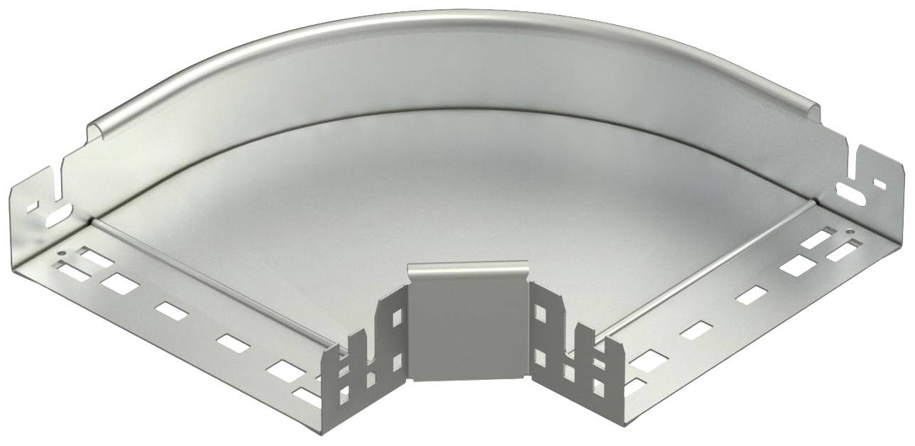 Metalowy korytarz kablowy w łuku 90-stopniowym, odpowiedni do prowadzenia przewodów w instalacjach przemysłowych.