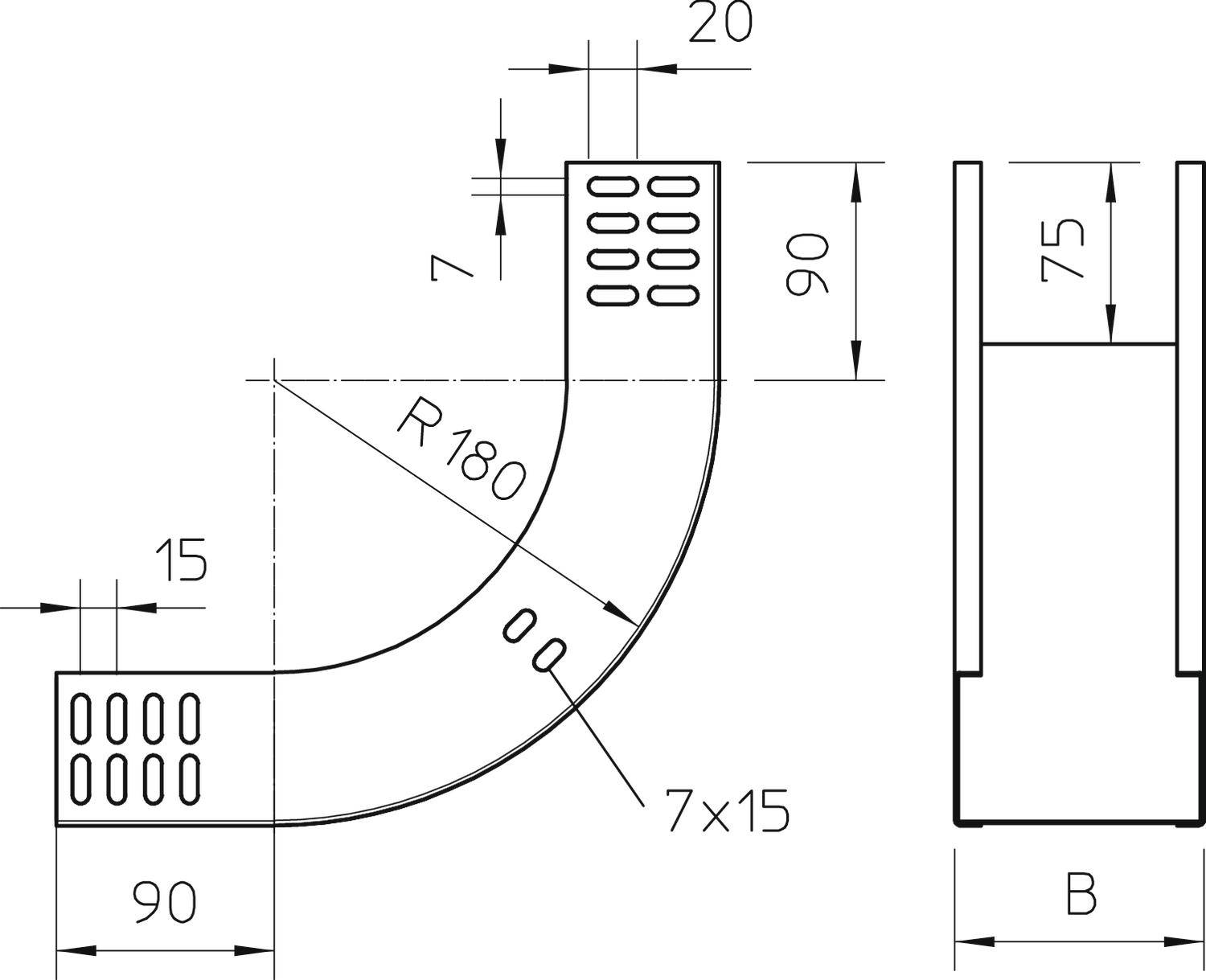 Rysunek techniczny giętej rury. Wymiary: Promień 180, Wysokość 90, Szerokość B. Otwory: 7x15, rozstaw 20, 15 i 90.