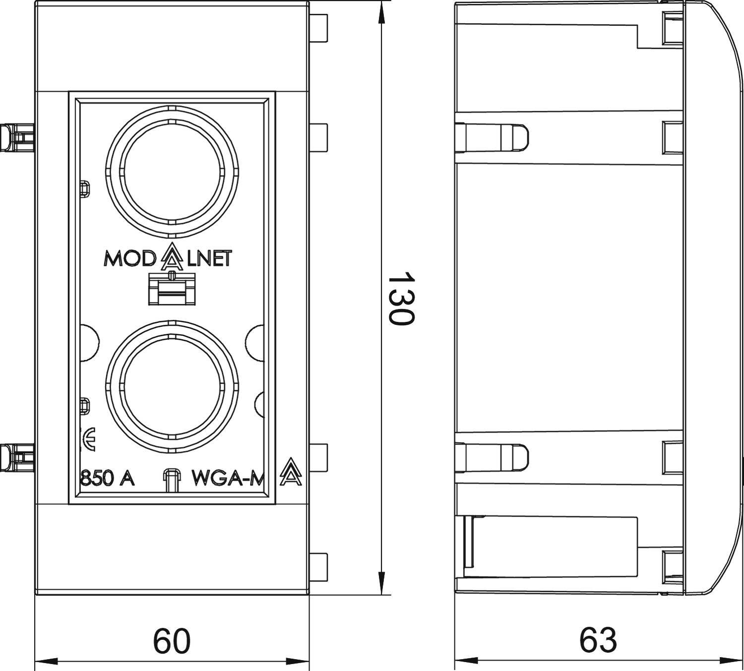 Rysunek techniczny modułu z dwoma okrągłymi gniazdami, oznaczenie 'MOD A LNET', wymiary: 130x60 mm oraz 130x63 mm.