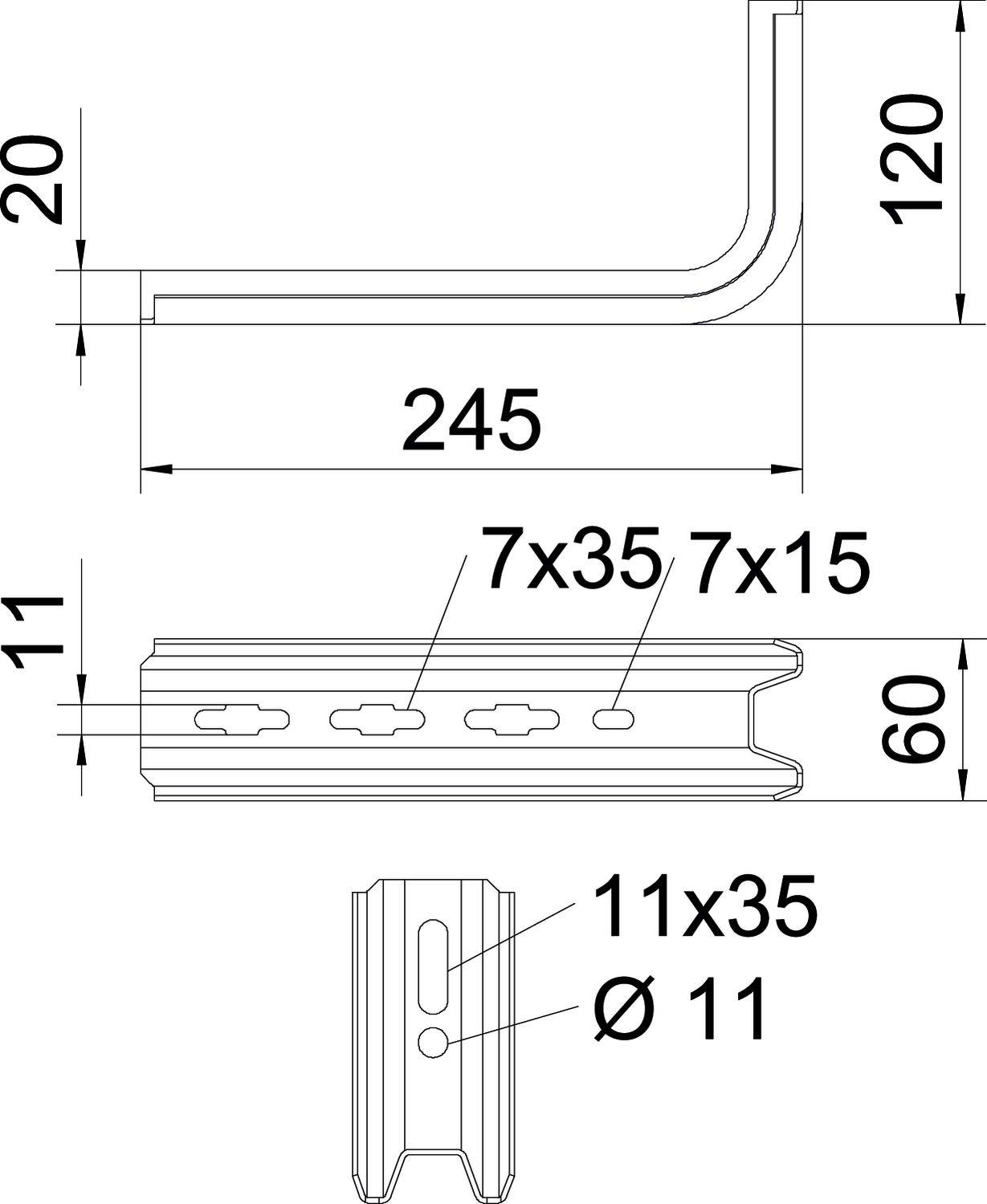 Rysunek techniczny profilu metalowego z wymiarowaniem: długość 245 mm, wysokość 60 mm, szerokość 20 mm, otwory 7x35, 7x15, Ø 11 mm.