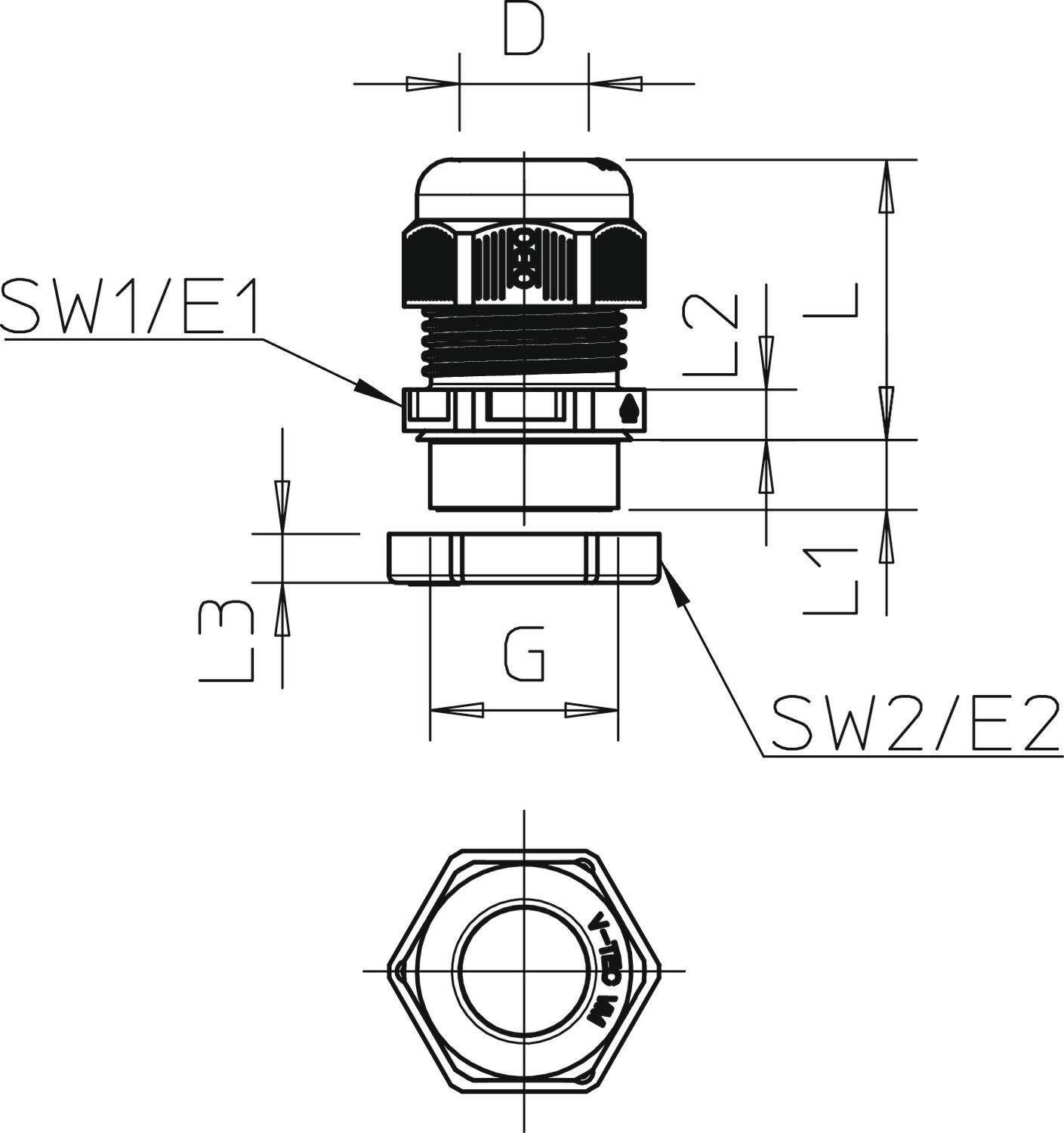Rysunek techniczny systemu złączek kablowych z podaniem rozmiarów i parametrów gwintów. Zawiera wymiary 'D', 'L', 'L1', 'L2', 'L3', 'SW1/E1', 'SW2/E2', 'G'.