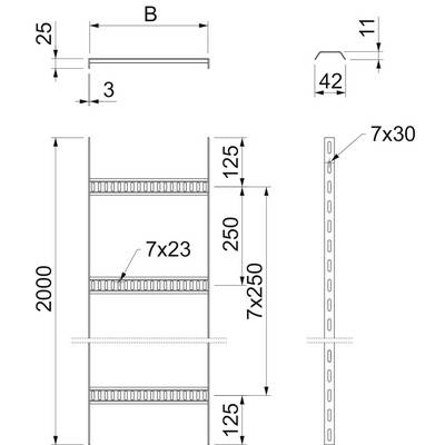 Rysunek techniczny regału z wymiarami. Wysokość: 2000 mm, szerokość (B) nieokreślona. Układ otworów: 7x23 mm.
