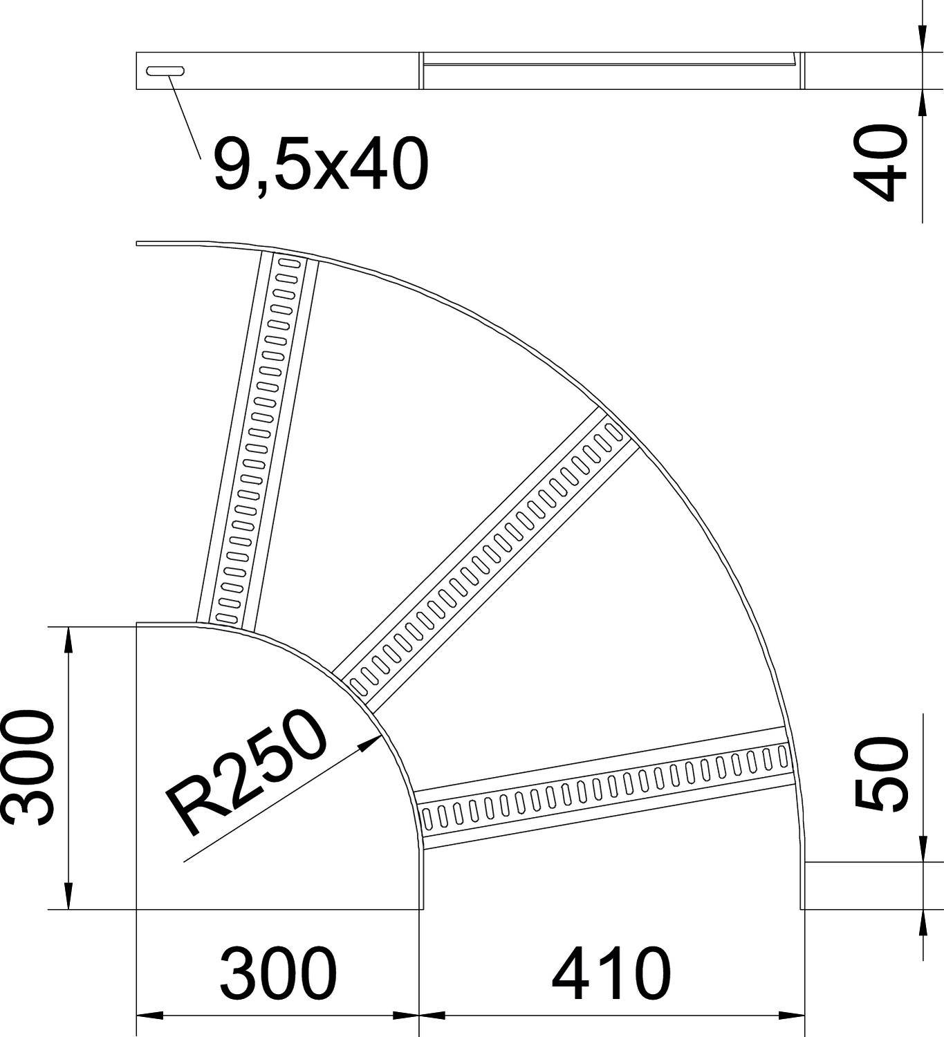 Rysunek techniczny schodów z wymiarami: Promień 250, wysokość stopnia 50, szerokość 300 i 410, grubość 40 mm. Skala 9,5x40.