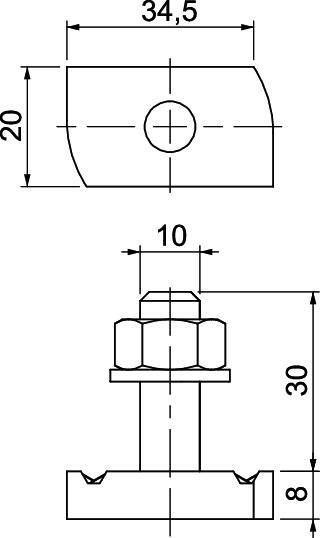 Rysunek techniczny kostki do rowka T z wymiarami: szerokość 34,5 mm, wysokość 20 mm, całkowita wysokość wraz ze śrubą 30 mm, szerokość rowka 10 mm.