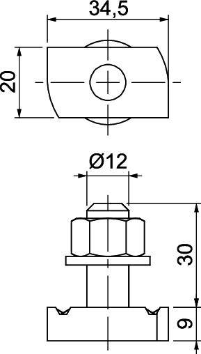 Rysunek techniczny elementu łączącego. Na górze widok z góry z wymiarami: 34,5 mm szerokości, 20 mm wysokości. Na dole widok z boku: Ø12 mm, całkowita wysokość 30 mm, dolna część 9 mm.