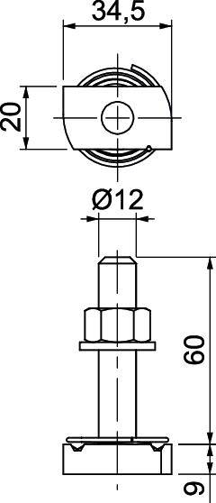 Rysunek techniczny sworznia z wymiarami: średnica 34,5 mm, 12 mm, długość 60 mm. Przedstawia szczegóły konstrukcyjne.
