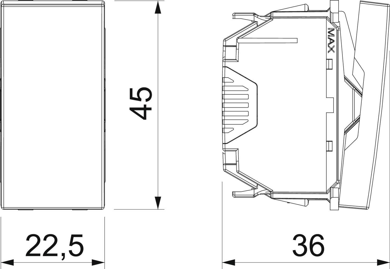 Rysunek techniczny urządzenia z wymiarami: szerokość 22,5 mm, wysokość 45 mm, głębokość 36 mm. Widok z góry i z boku.