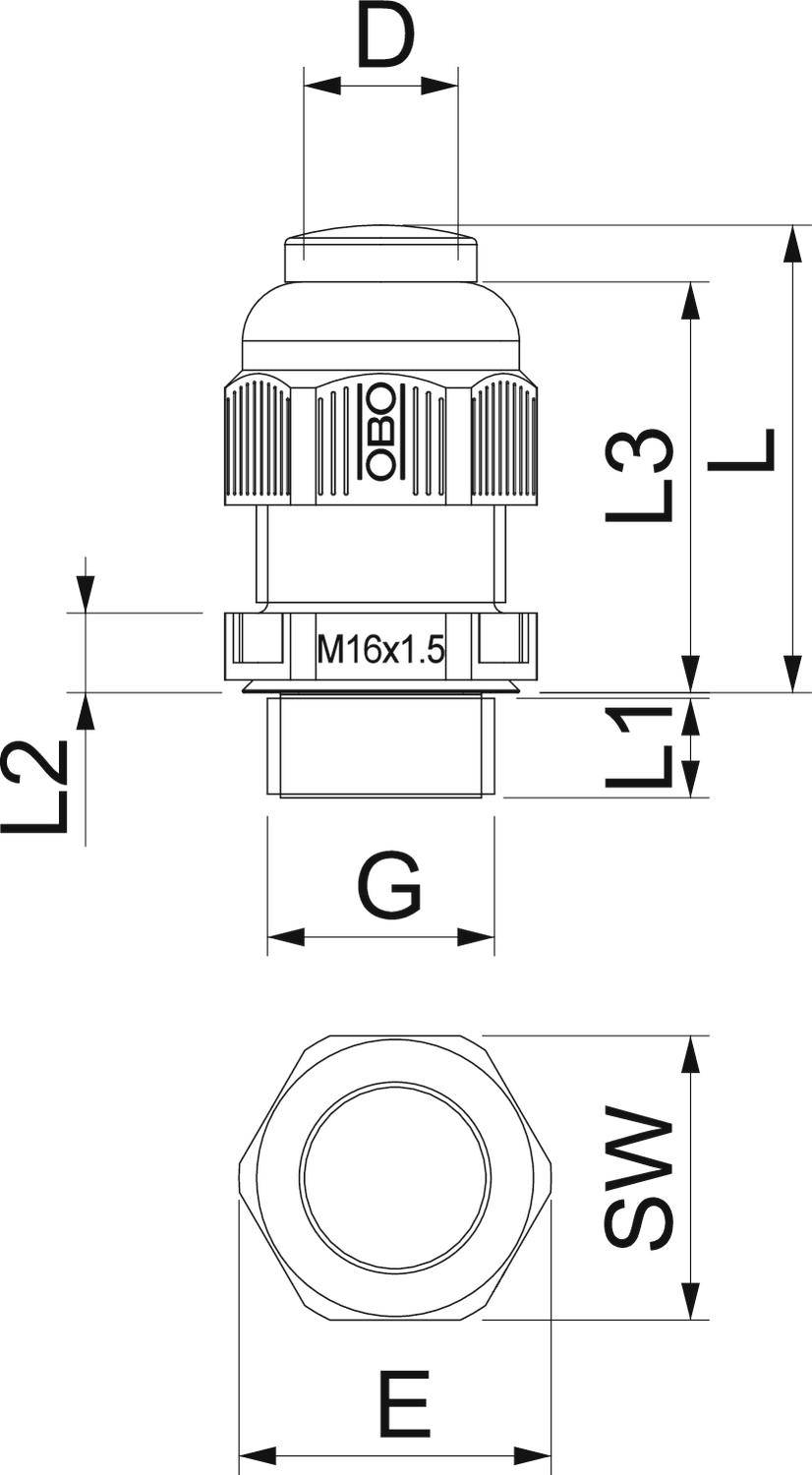 Rysunek techniczny złączki kablowej z gwintem 'M16x1.5'. Oznaczone wymiary: L, L1, L2, L3, D, G, SW oraz E.