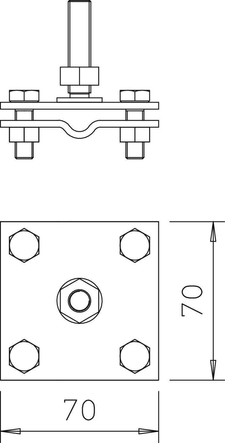 Rysunek techniczny elementu maszyny o wymiarach 70x70 mm, przedstawiający widoki i przekroje z uwzględnieniem śrub.