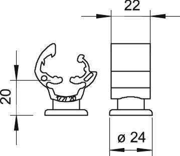Rysunek techniczny elementu z wymiarami: wysokość 20 mm, szerokość 22 mm, średnica 24 mm. Widok z boku i widok czołowy.