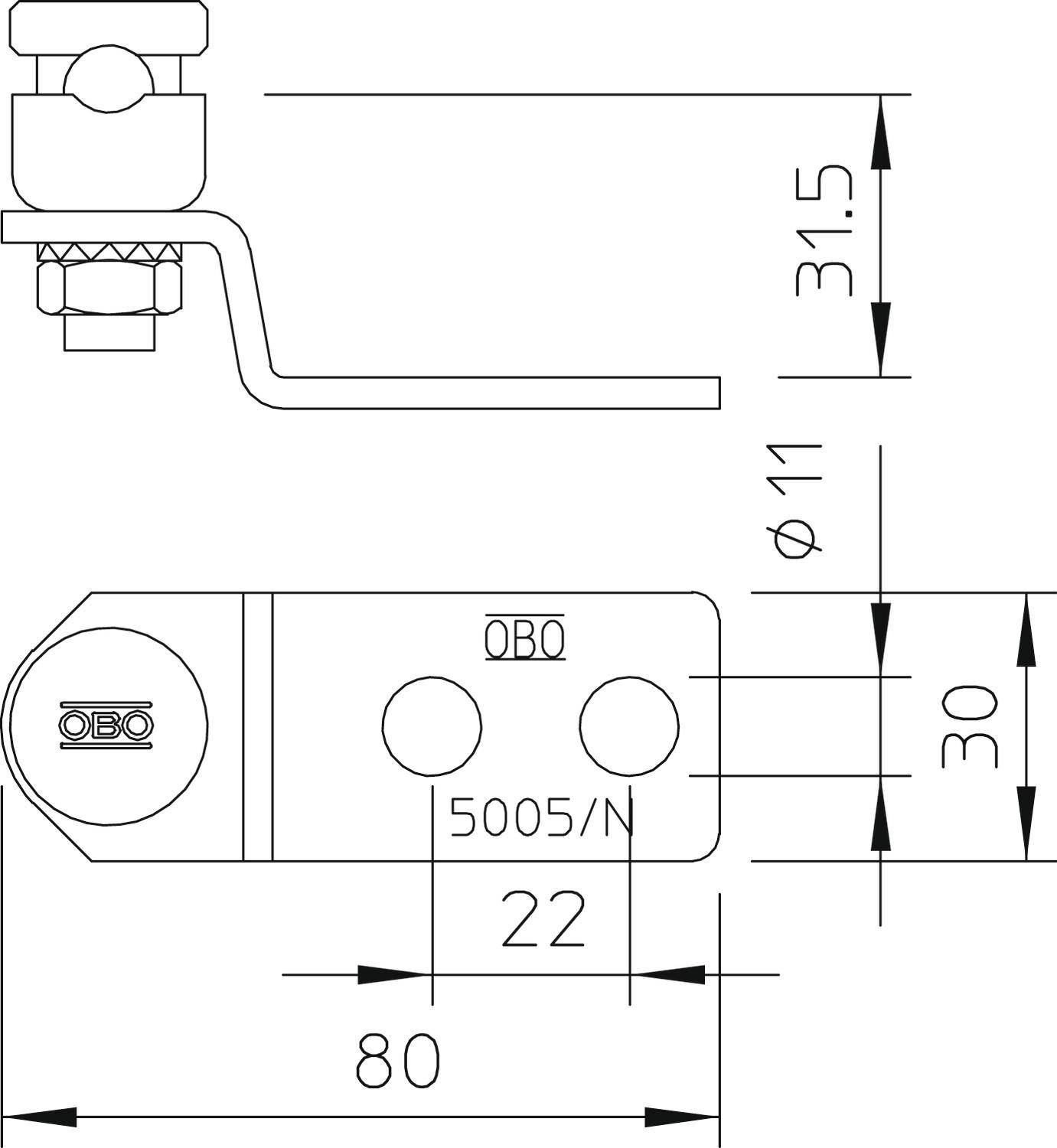 Rysunek techniczny zacisku OBO z wymiarami: długość 80 mm, szerokość 30 mm, rozstaw 22 mm, średnica otworu 11 mm, wysokość 31,5 mm.