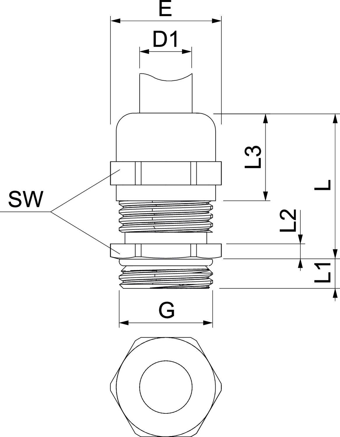 Rysunek techniczny cylindrycznego elementu z gwintem. Opisany wymiarami: E, D1, L3, L2, L, L1, G, SW. Widok z góry i widok z boku.