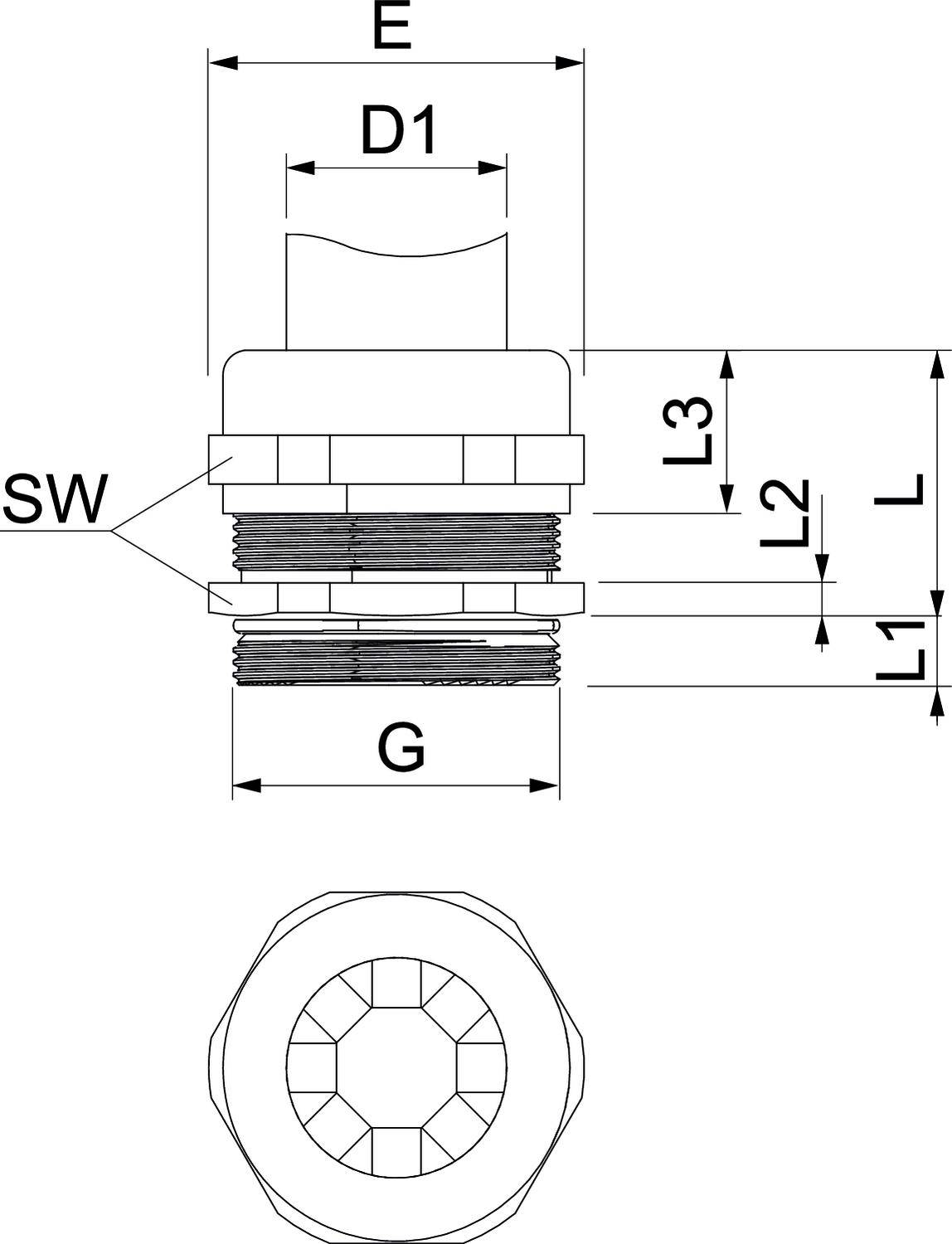 Rysunek techniczny złącza gwintowego z wymiarami: średnica D1, E, L, L1, L2, L3 oraz SW. Widok z boku i z góry.