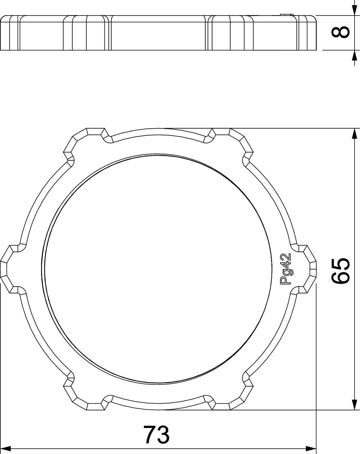 Rysunek techniczny okrągłego pokrywy z krawędzią. Średnica 73 mm. Widok z boku przedstawia wysokość 8 mm. Oznaczenie: Pg42.