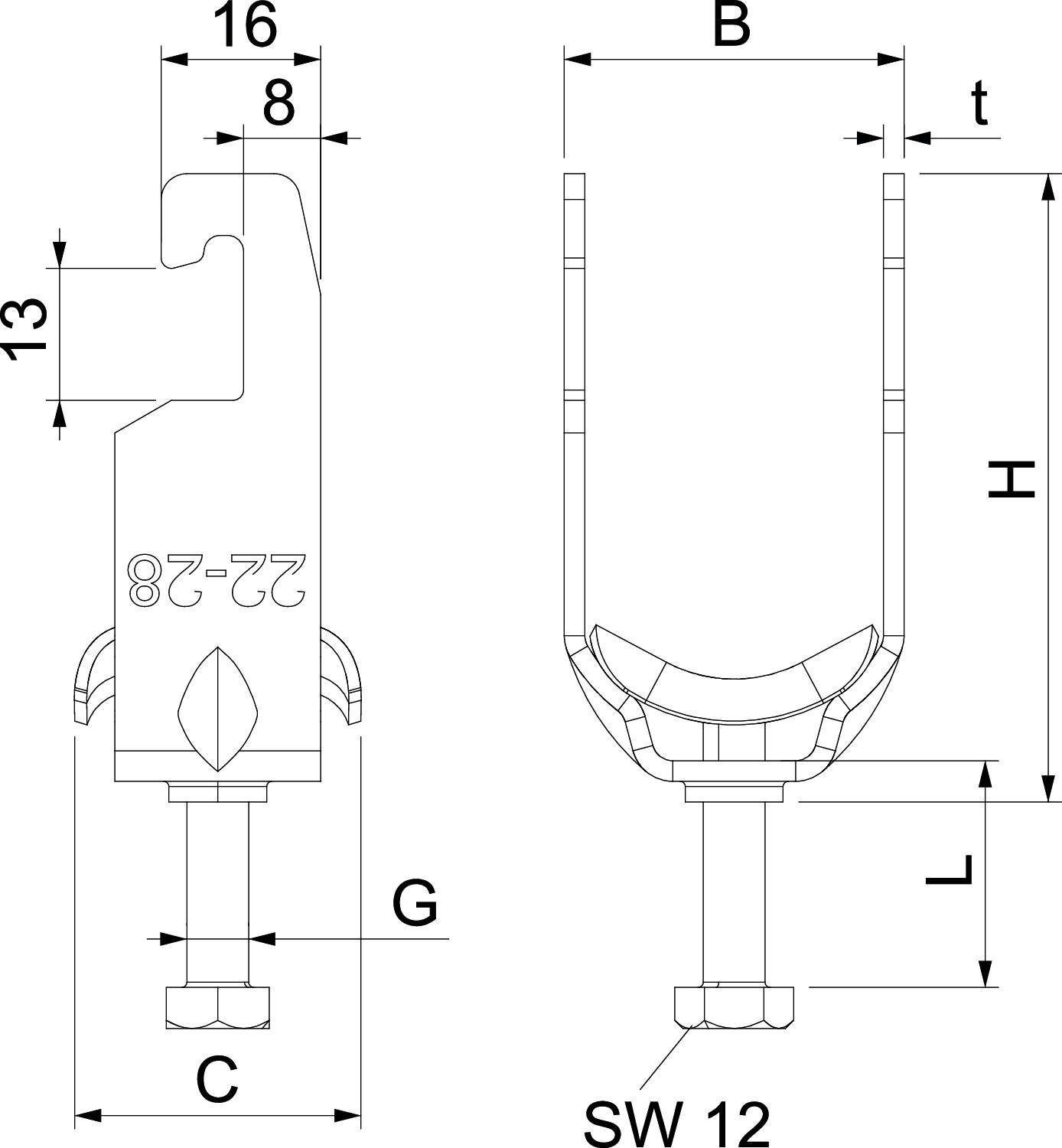 Rysunek techniczny elementu o kształcie litery U z wymiarami: szerokość (B), wysokość (H), grubość ścianki (t) oraz śruba SW 12. Oznaczenia wymiarów: 16, 8, 13, C i G.