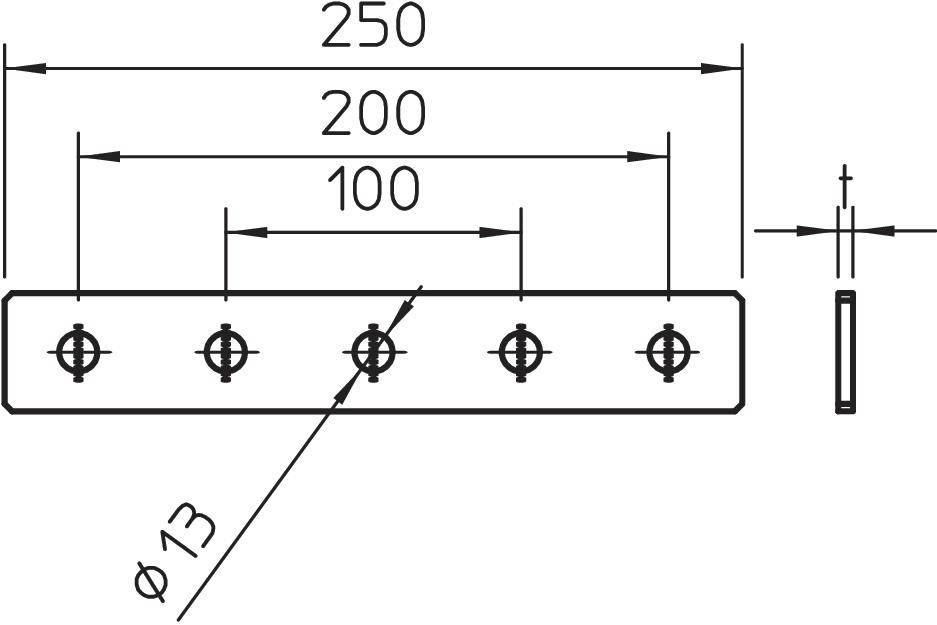 Rysunek techniczny prostokątnego paska metalowego z pięcioma otworami. Długość 250 mm, otwory rozmieszczone co 100 mm, średnica 13 mm.
