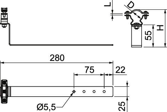 Rysunek techniczny części metalowej z wymiarami: długość 280 mm, szerokość 22 mm, wysokość 55 mm, średnica otworu 5,5 mm.