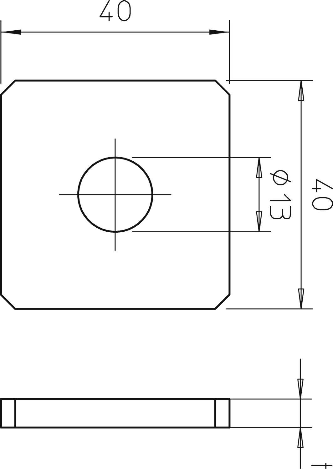 Rysunek techniczny części kwadratowej o wymiarach 40x40 mm z centralnym otworem o średnicy 13 mm.