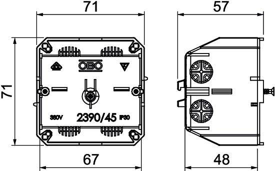 Rysunek techniczny puszki przyłączeniowej o wymiarach: 71x71 mm, głębokość 57 mm. Widoczna nazwa marki i numer modelu: OBO 2390/45, IP30, 380V.