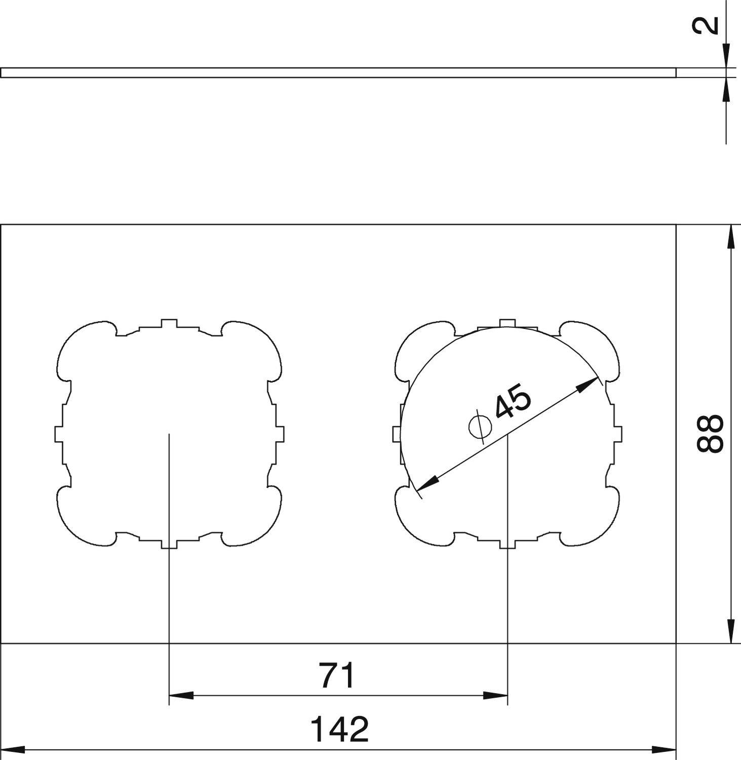 Rysunek techniczny przedstawia dwie okrągłe wycięcia o średnicy 45 mm, rozmieszczone w odległości 71 mm od siebie, o całkowitej szerokości 142 mm i wysokości 88 mm.