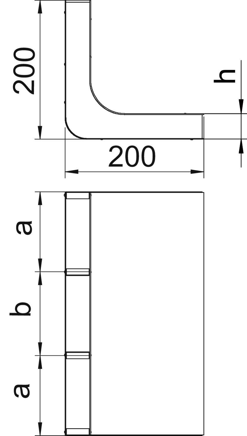 'Rysunek techniczny metalowego elementu w kształcie litery L o wymiarach 200 mm. Widok z boku przedstawia krawędź b, widok z przodu pokazuje krawędzie a i h.'