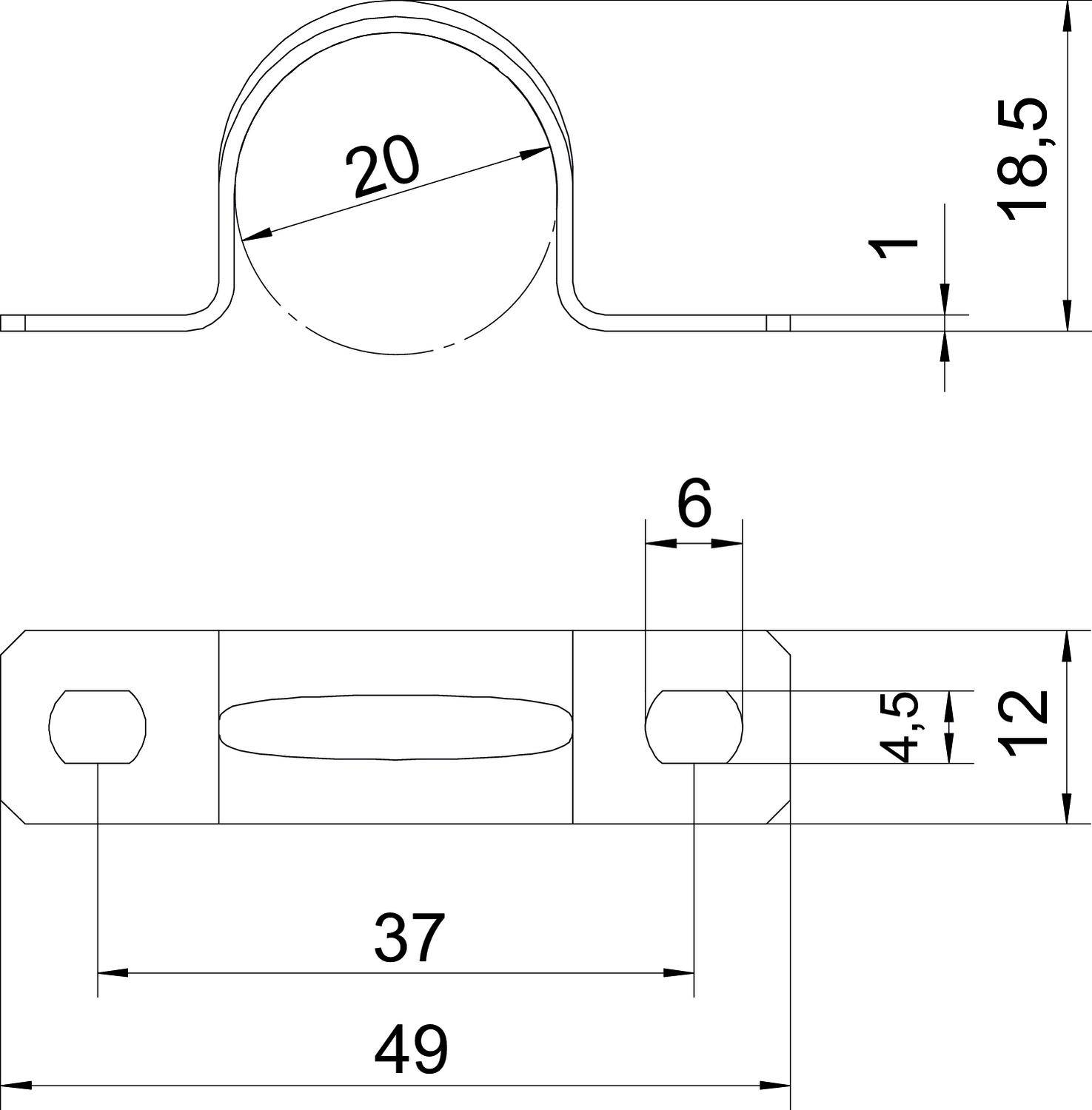 Rysunek techniczny uchwytu z wymiarami: zaokrąglenie 20 mm, wysokość całkowita 18,5 mm, szerokość 49 mm. Otwory w odległości 6 mm.