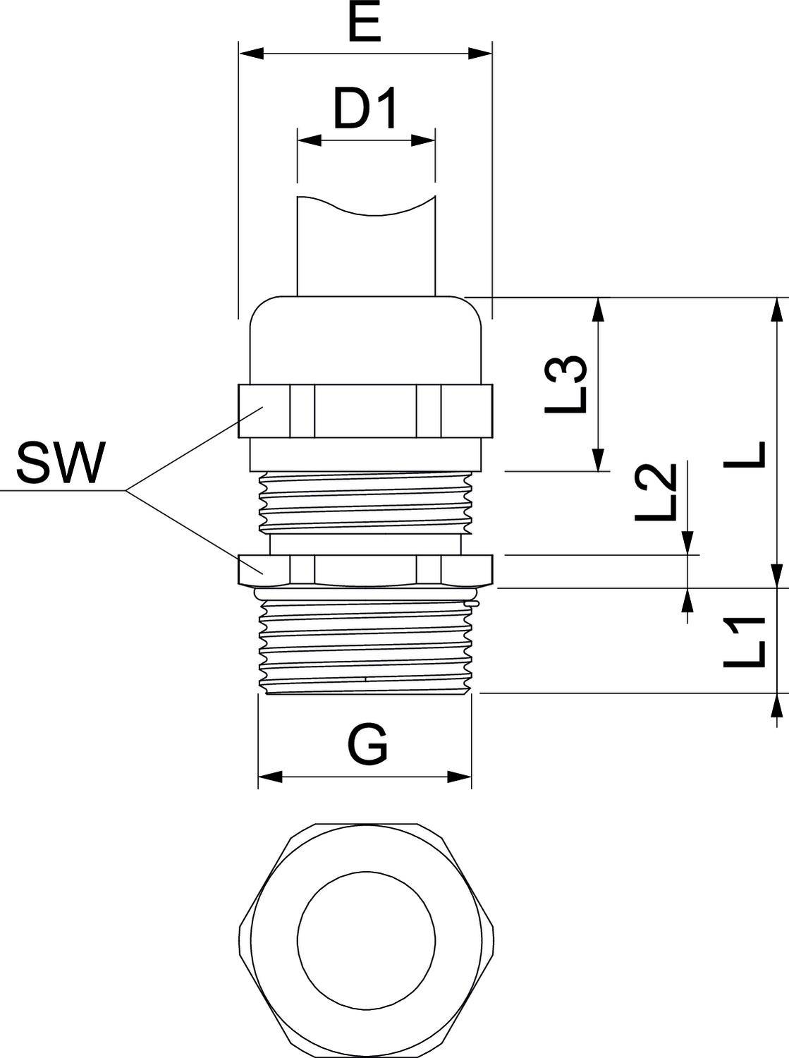 Rysunek techniczny elementu cylindrycznego z wymiarami. Widok główny przedstawia gwint. Widoki górny i boczny również są ukazane.