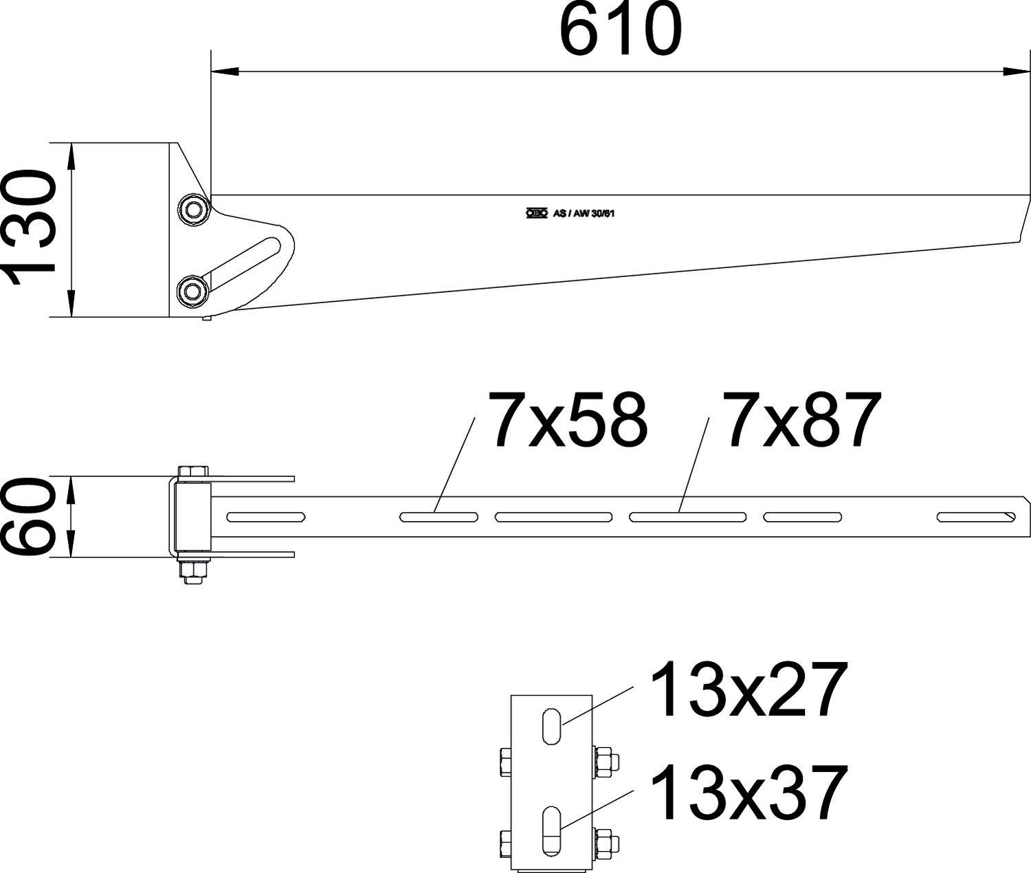 Rysunek techniczny wspornika ściennego z wymiarami: długość 610 mm, wysokość 130 mm, otwory mocujące 7x58 mm, 7x87 mm.