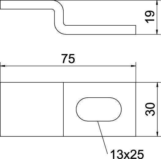 Rysunek techniczny elementu metalowego z wymiarami: długość 75 mm, szerokość 30 mm, wysokość 19 mm. Rozmiar otworu 13x25 mm.