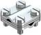 Metalowa złączka kablowa z czterema śrubami i dwiema nakładającymi się na siebie płytkami metalowymi do mocowania kabli lub przewodów.
