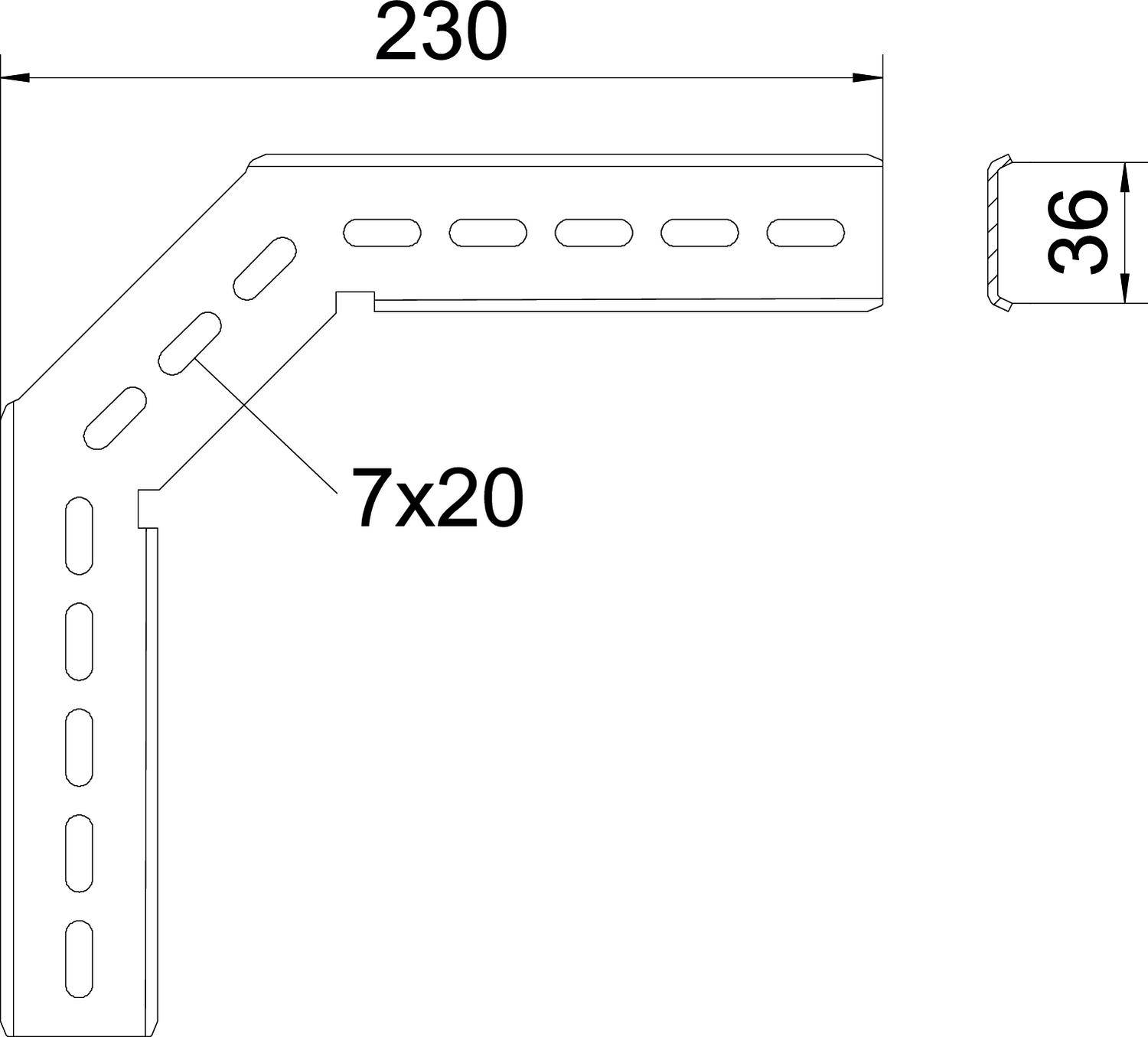 Rysunek techniczny kątownika L-kształtnego z wzorem otworów. Wymiary: 230 mm długości, 36 mm szerokości. Rozmiar otworów 7x20 mm.