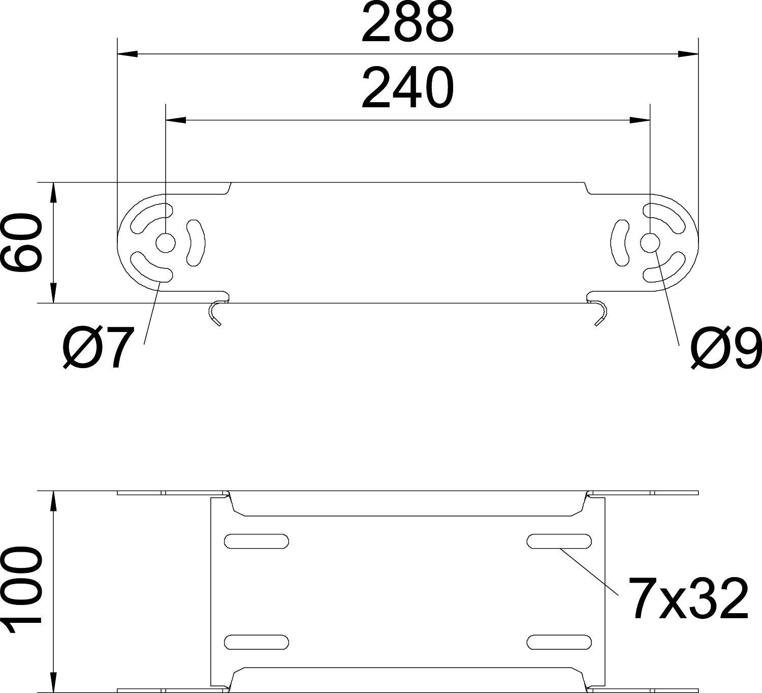 Rysunek techniczny blachy montażowej z wymiarami: długość 288 mm, otwory mocujące o średnicy 7 mm i 9 mm, szerokość 60 mm.